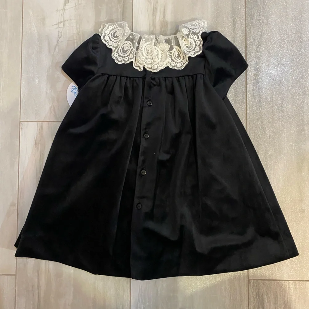 NWT Luli & Me Heirloom Lace Deluxe Black Velvet Float Dress & Bloomers girls 18M